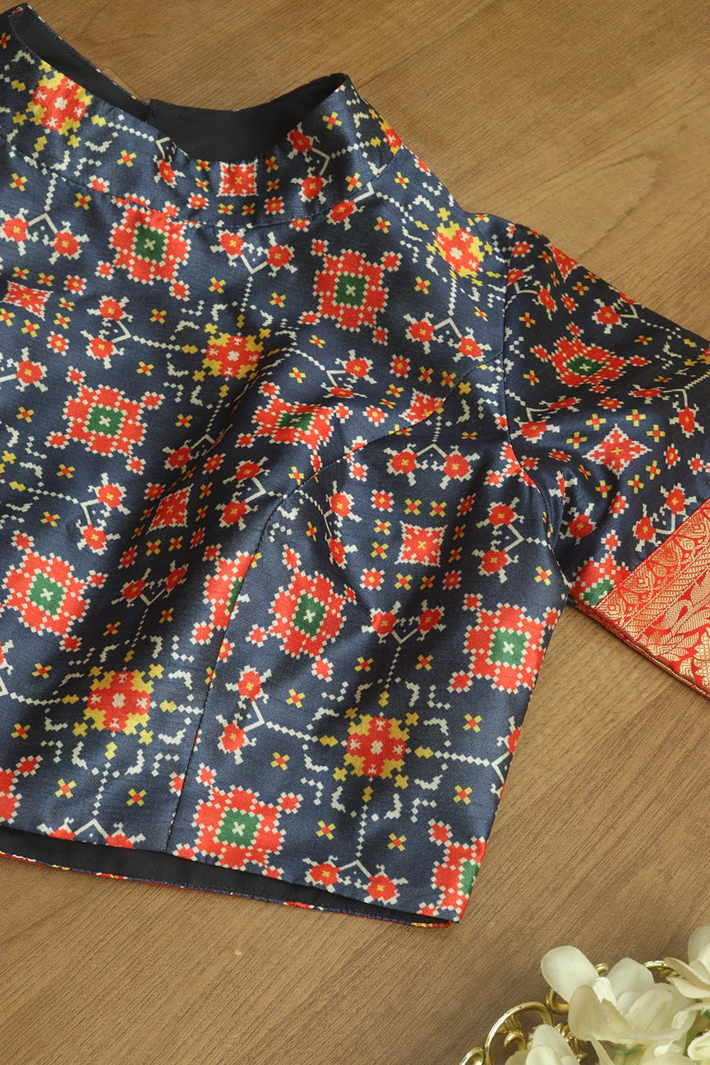 Blue Digital Printed Patola Design Tussar Silk High Neck Blouse With Banarasi Silk Lace - Luxurion World