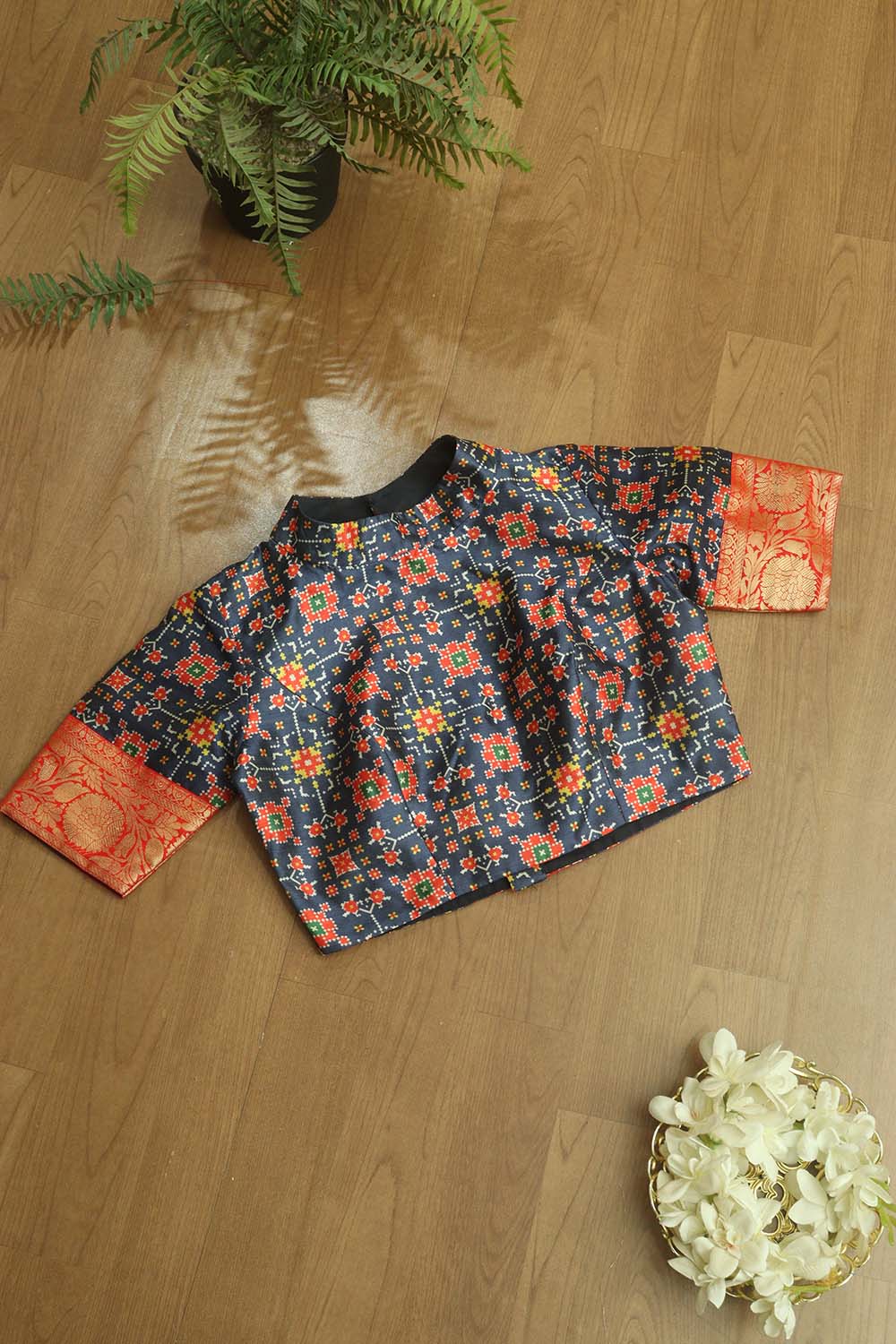 Blue Digital Printed Patola Design Tussar Silk High Neck Blouse With Banarasi Silk Lace - Luxurion World