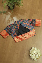 Blue Digital Printed Patola Design Tussar Silk High Neck Blouse With Banarasi Silk Lace - Luxurion World