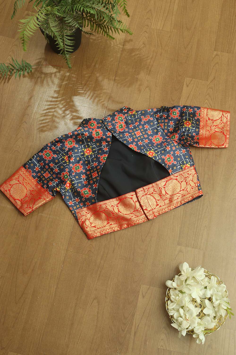 Blue Digital Printed Patola Design Tussar Silk High Neck Blouse With Banarasi Silk Lace - Luxurion World