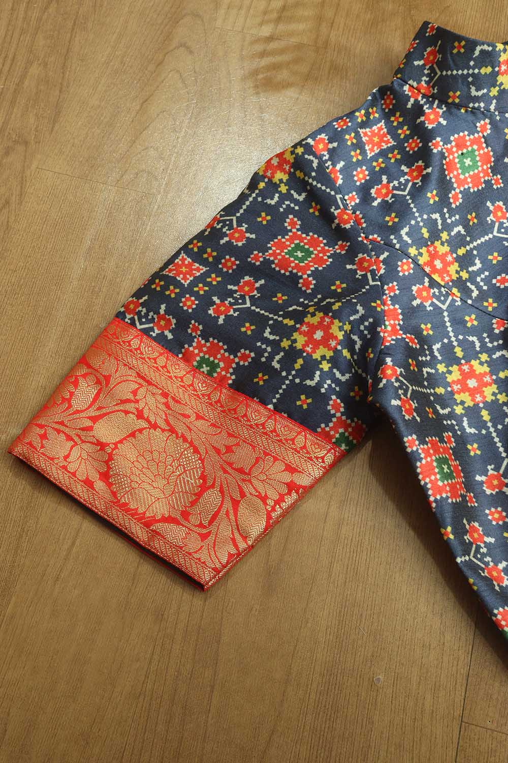 Blue Digital Printed Patola Design Tussar Silk High Neck Blouse With Banarasi Silk Lace - Luxurion World