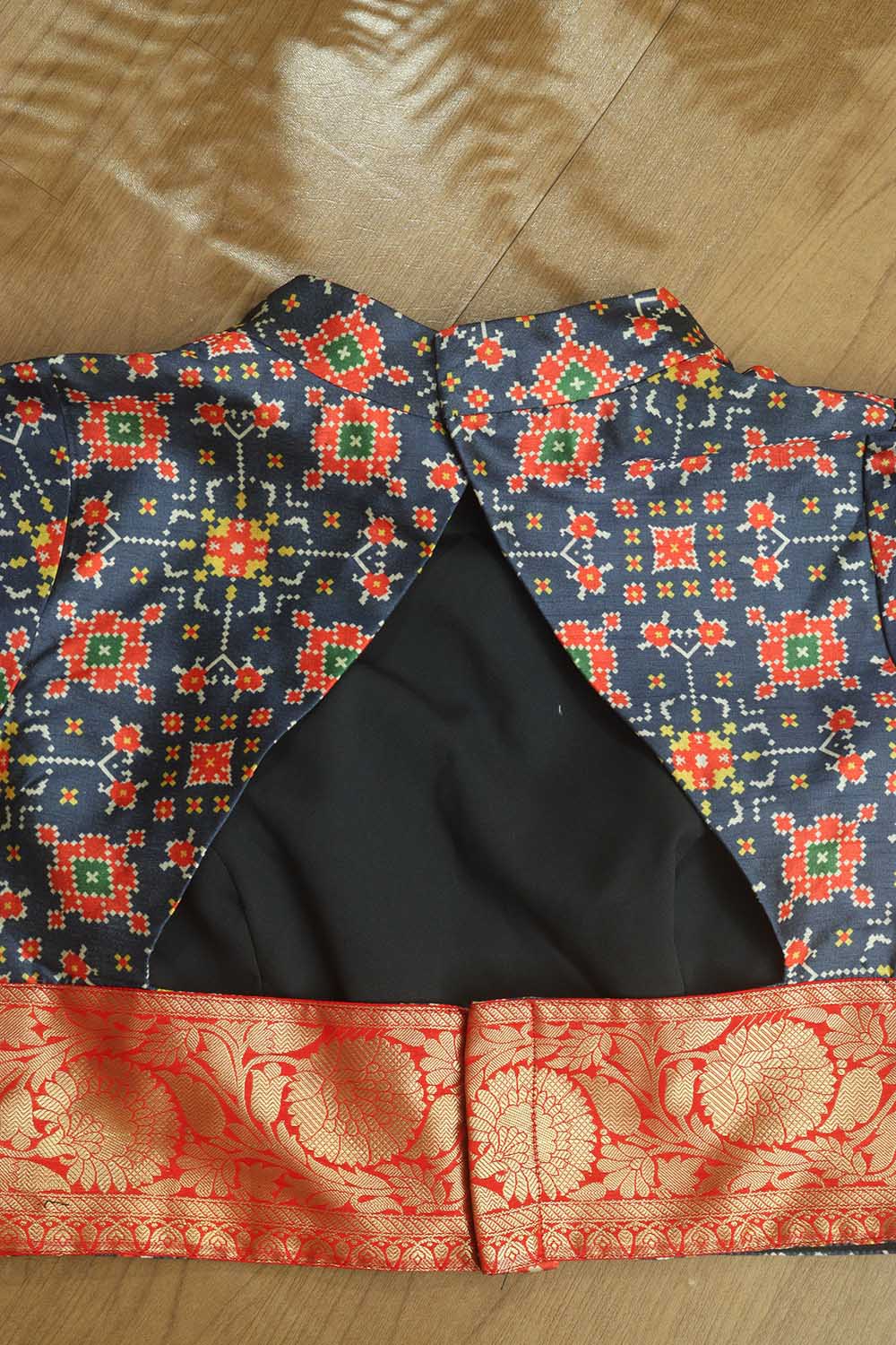 Blue Digital Printed Patola Design Tussar Silk High Neck Blouse With Banarasi Silk Lace - Luxurion World