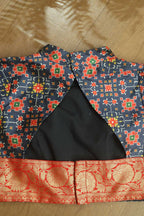 Blue Digital Printed Patola Design Tussar Silk High Neck Blouse With Banarasi Silk Lace - Luxurion World