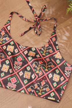 Black Digital Printed Patola Design Tussar Silk Halter Neck Non Padded Blouse - Luxurion World