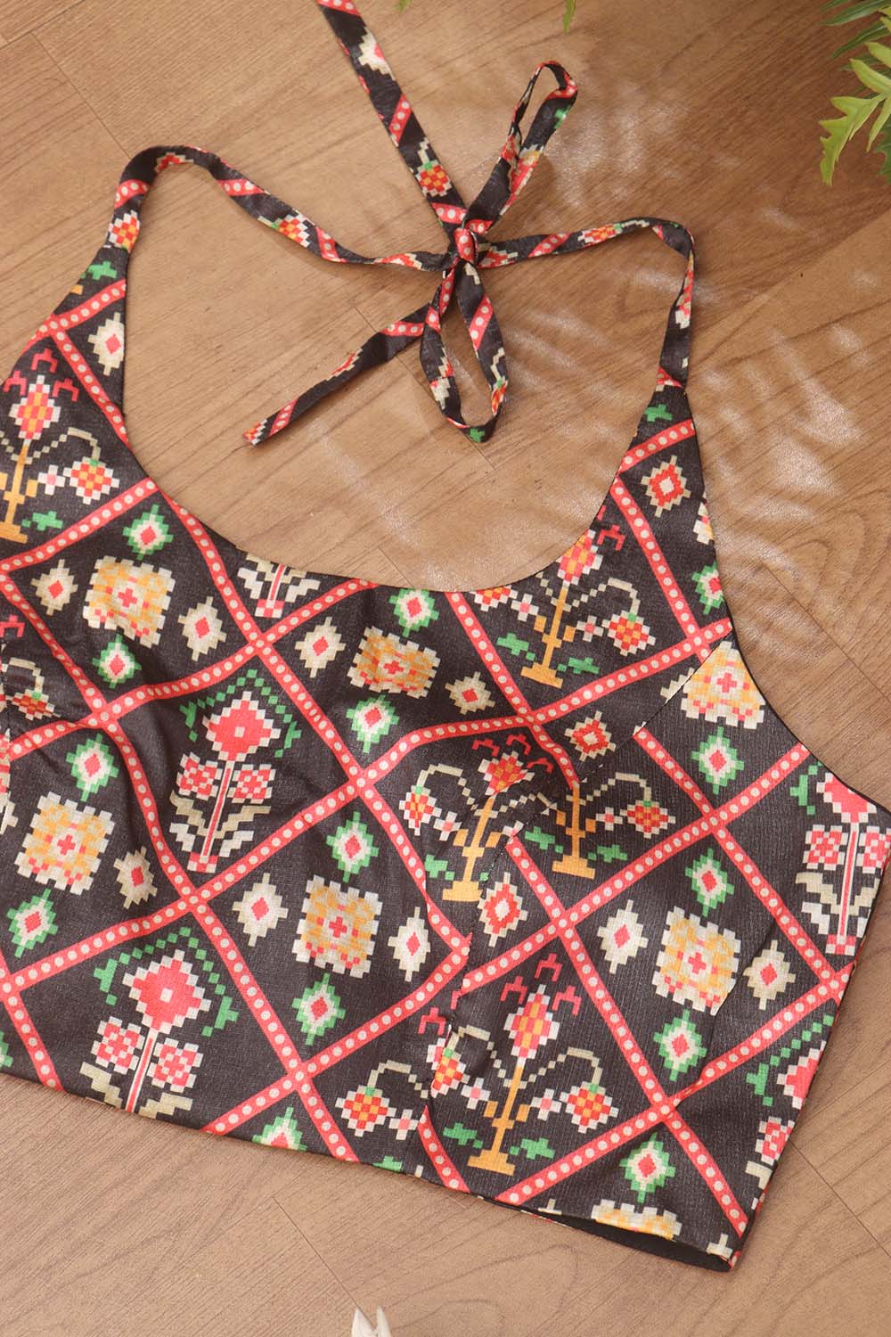 Black Digital Printed Patola Design Tussar Silk Halter Neck Non Padded Blouse - Luxurion World