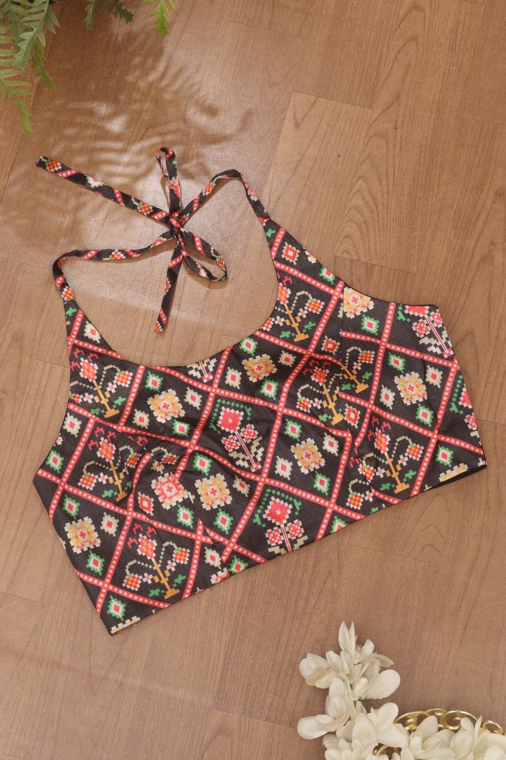 Black Digital Printed Patola Design Tussar Silk Halter Neck Non Padded Blouse - Luxurion World