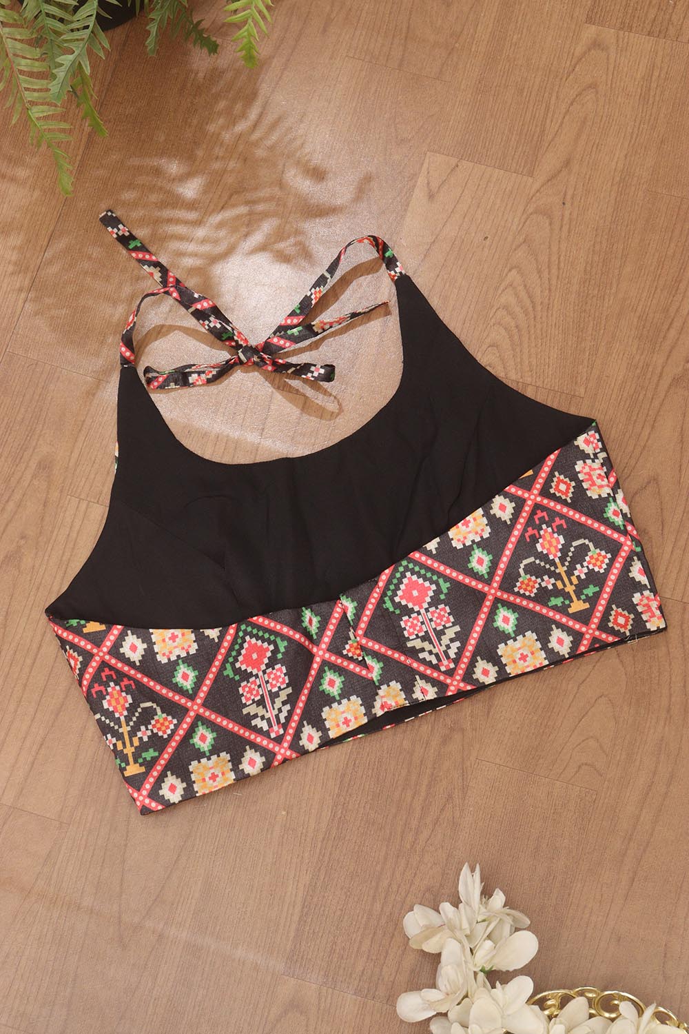 Black Digital Printed Patola Design Tussar Silk Halter Neck Non Padded Blouse - Luxurion World