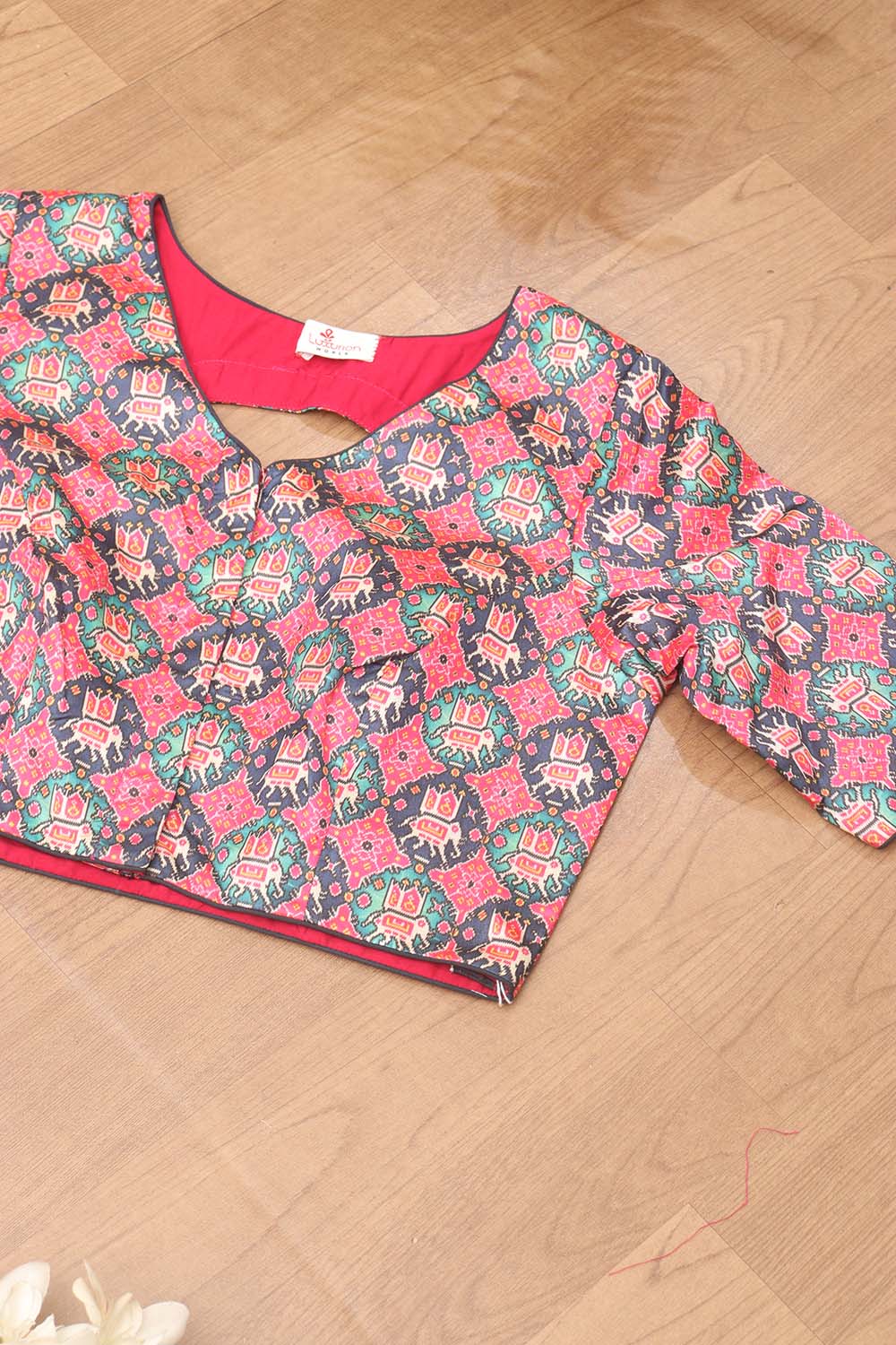 Pink Digital Printed Patola Design Tussar Silk V Neck Non Padded Blouse - Luxurion World