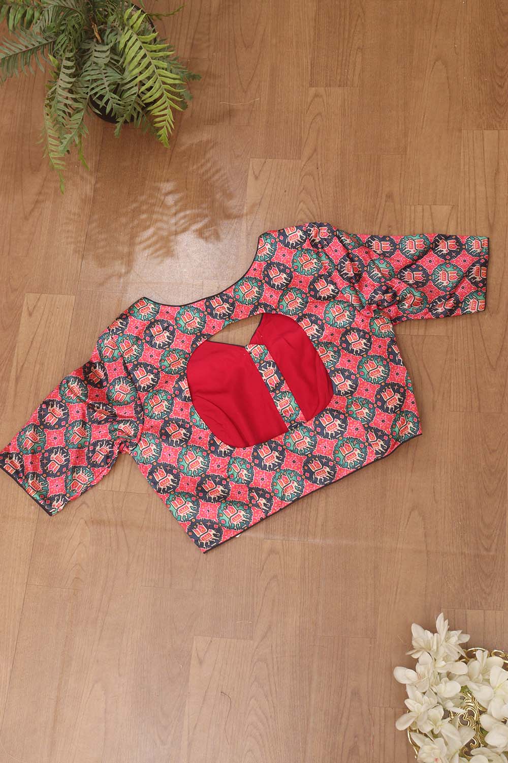 Pink Digital Printed Patola Design Tussar Silk V Neck Non Padded Blouse - Luxurion World