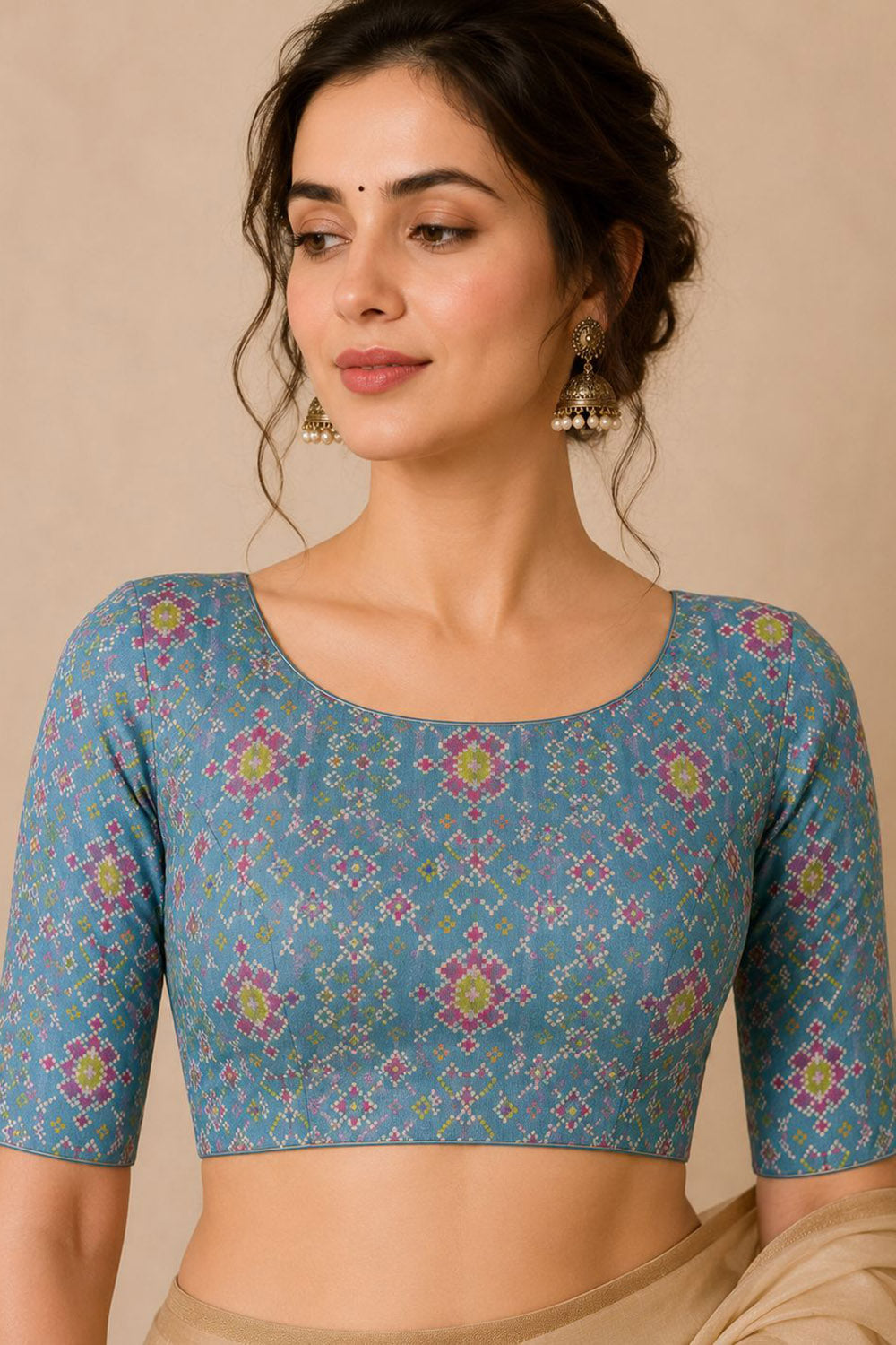 IB1P326071001 Blue Digital Printed Patola Design Tussar Silk Blouse