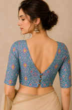 IB1P326071001 Blue Digital Printed Patola Design Tussar Silk Blouse