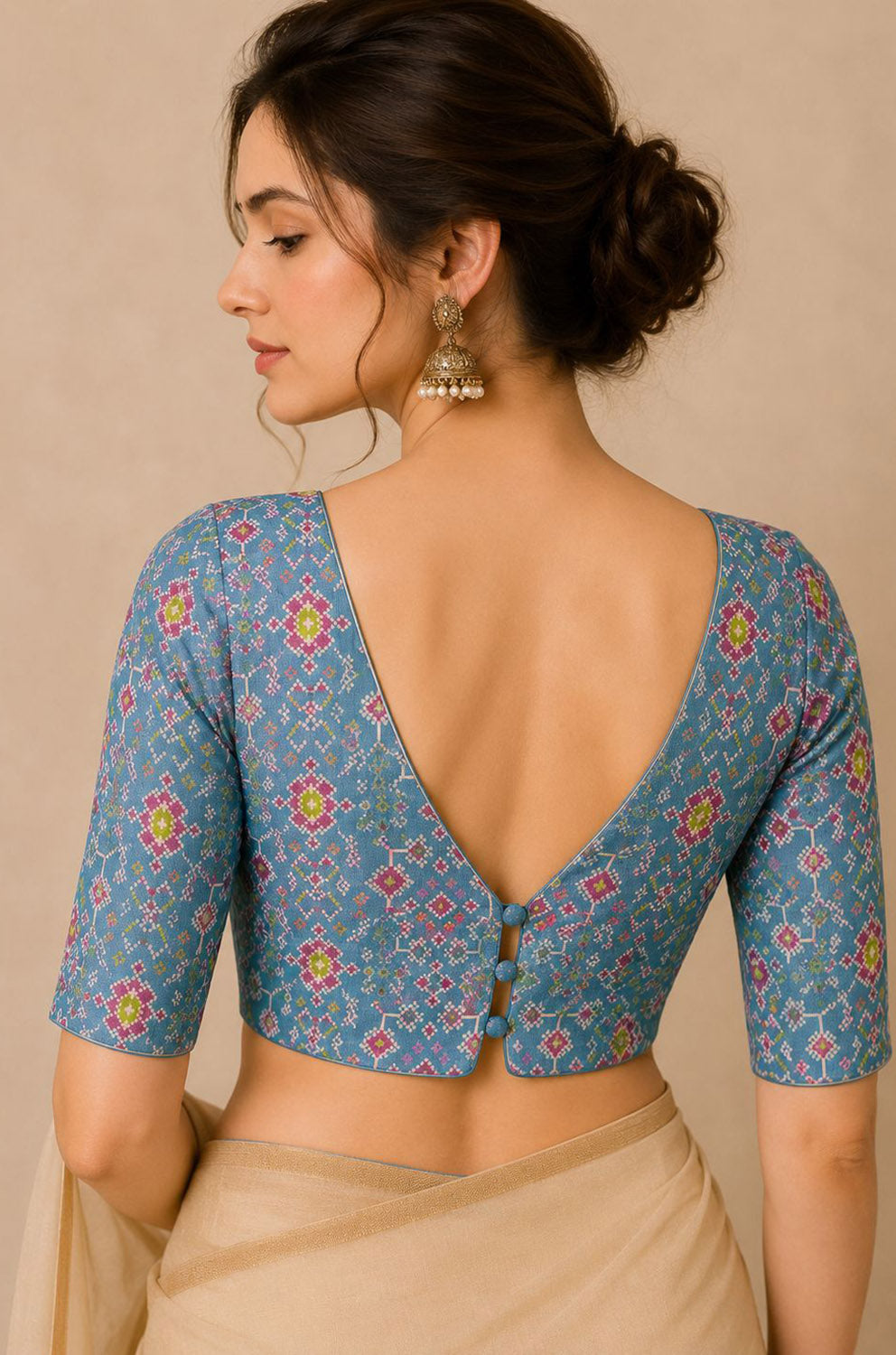 IB1P326071001 Blue Digital Printed Patola Design Tussar Silk Blouse