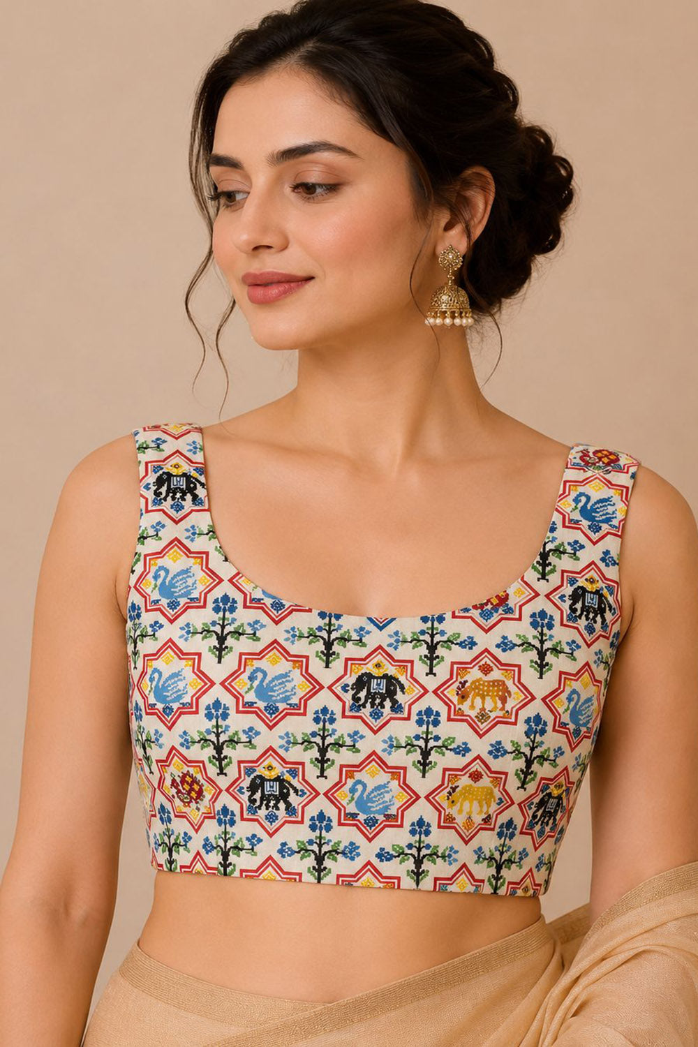 IB1P326071002 Off White Digital Printed Patola Design Tussar Silk Blouse