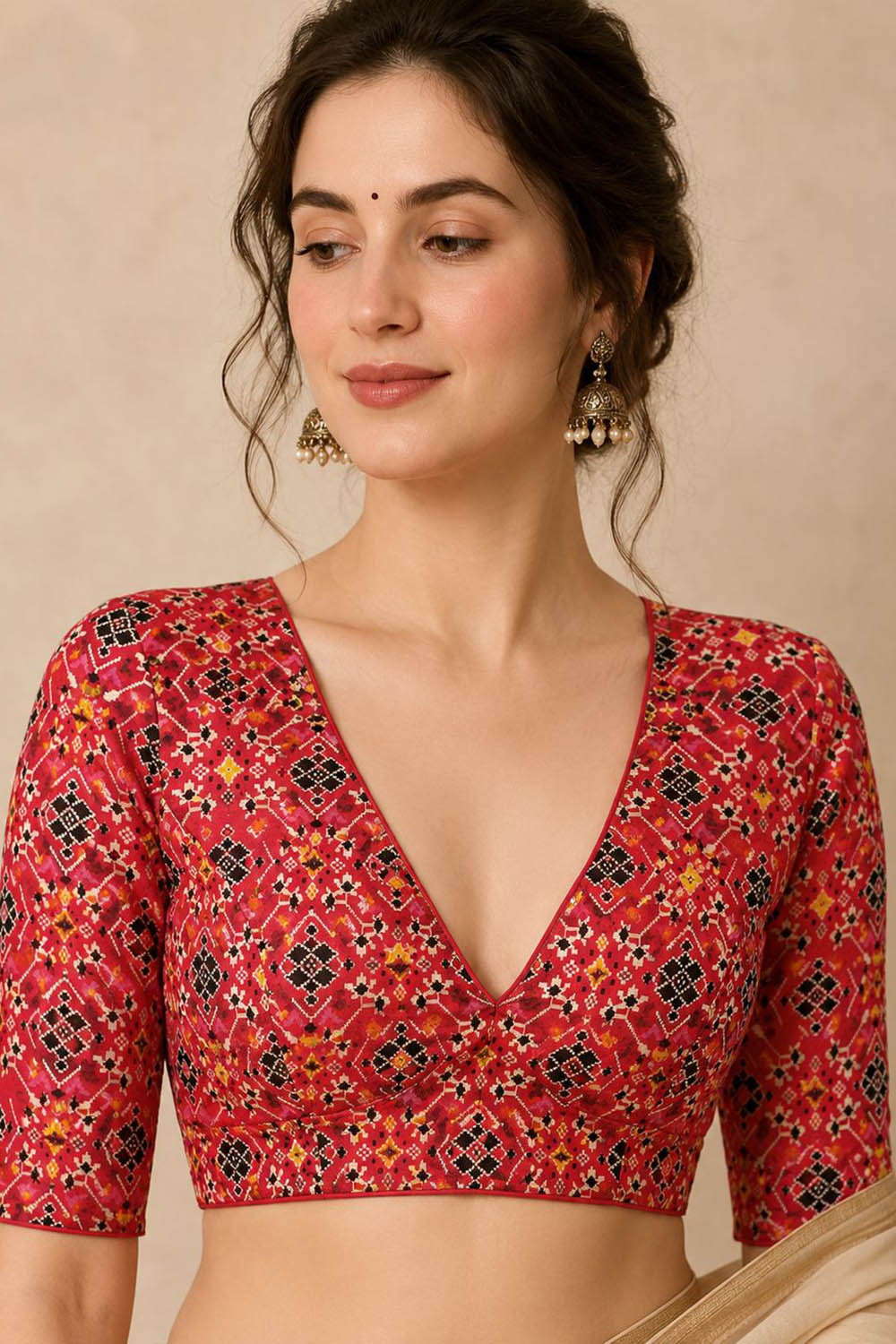 IB1P326071003 Pink Digital Printed Patola Design Tussar Silk Blouse