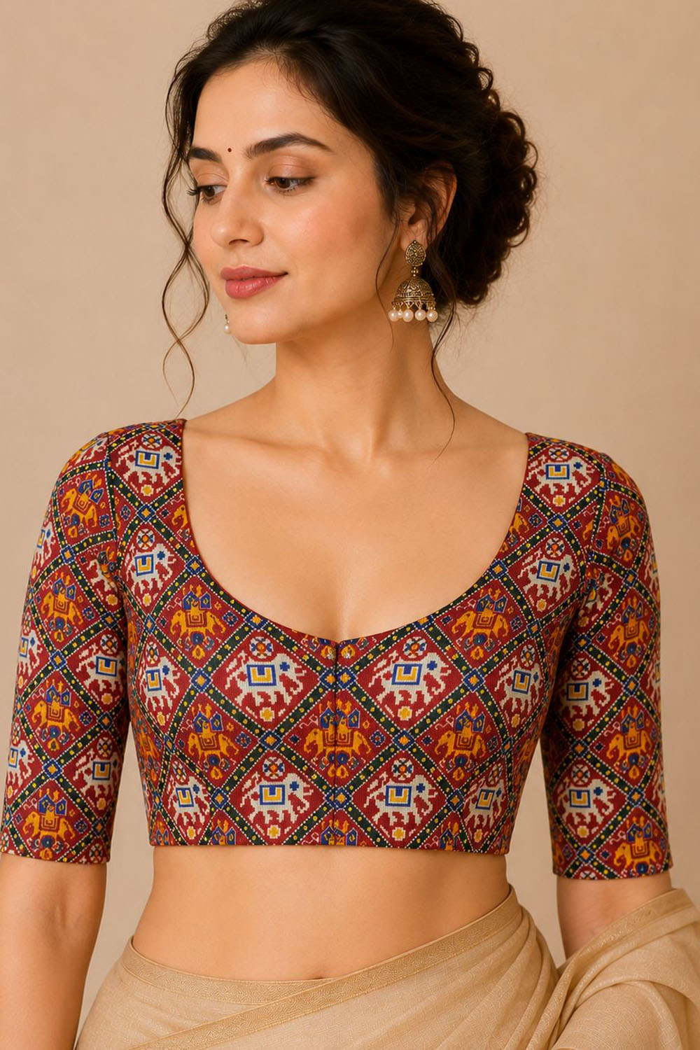 IB1P326071004 Red Digital Printed Patola Design Tussar Silk Blouse