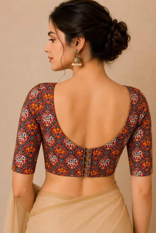 IB1P326071004 Red Digital Printed Patola Design Tussar Silk Blouse