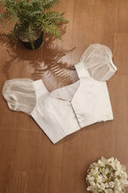 Off White Satin Silk Padded Blouse With Organza Puffed Sleeves - Luxurion World