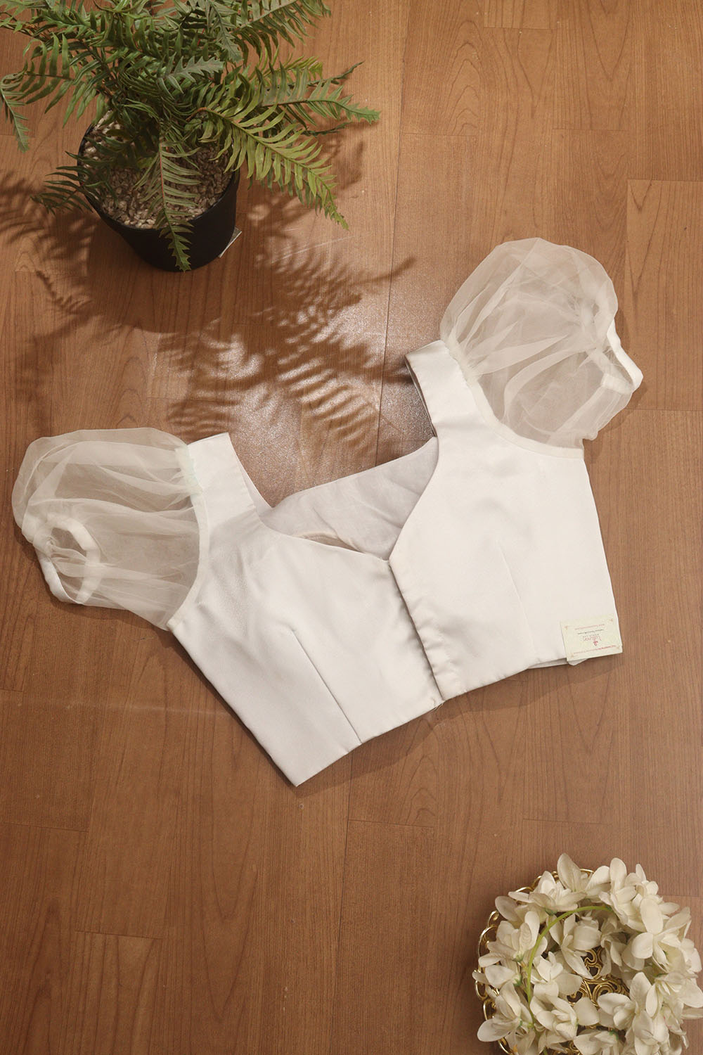 Off White Satin Silk Padded Blouse With Organza Puffed Sleeves - Luxurion World