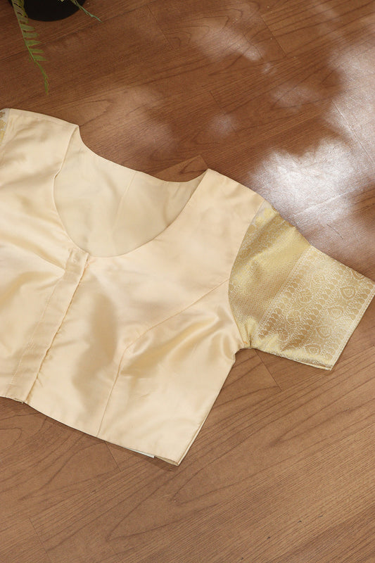 Cream Plain Silk Banarasi Border Non Padded Blouse - Luxurion World