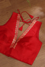 Red Silk Banarasi Border Non Padded Blouse - Luxurion World