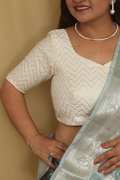 Elegant White Banarasi Pure Cotton Non Padded Blouse - Luxurion World