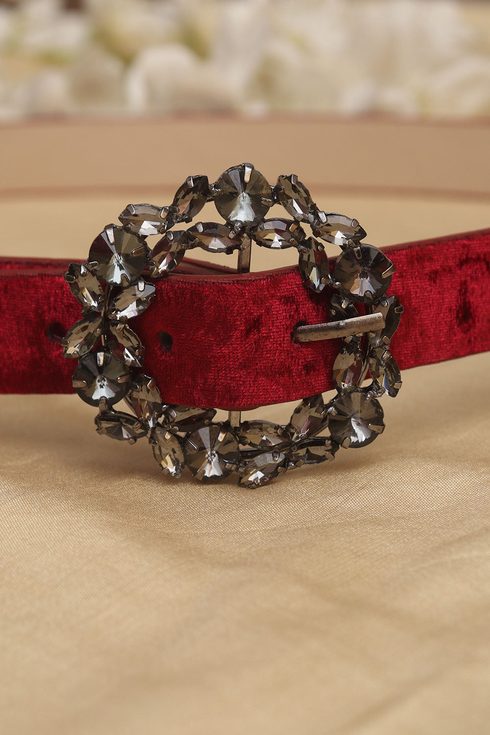 Add Glamour to Your Look with Red Rhinestone Velvet Buckle Belt