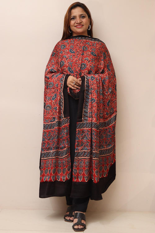 Red Ajrakh Block Printed Modal Silk Dupatta - Luxurion World