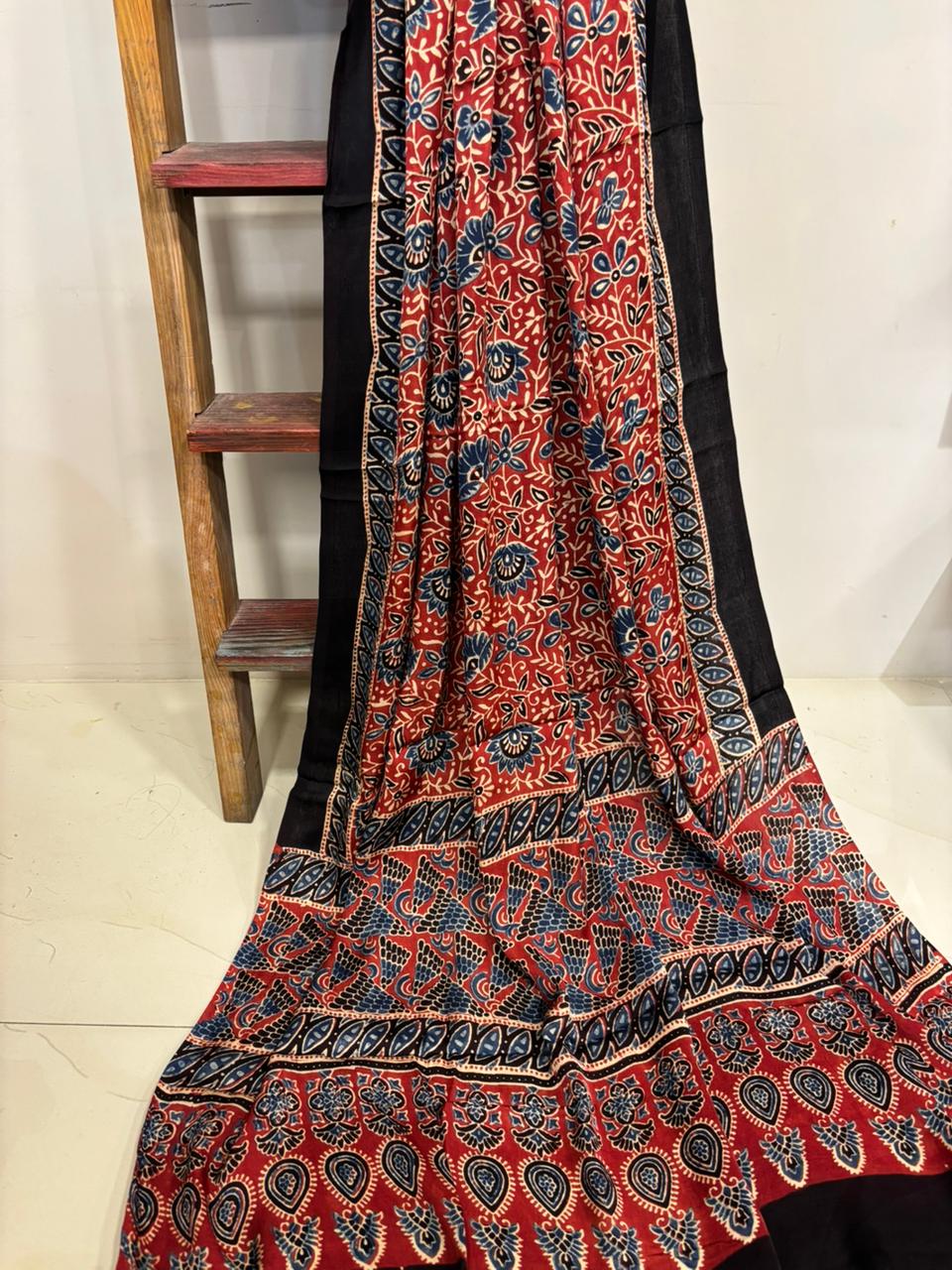 Red Ajrakh Block Printed Modal Silk Dupatta - Luxurion World