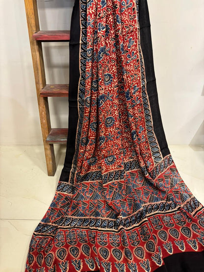 Red Ajrakh Block Printed Modal Silk Dupatta
