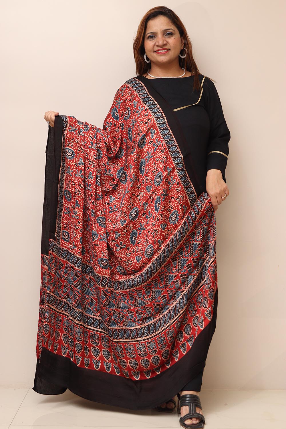 Red Ajrakh Block Printed Modal Silk Dupatta - Luxurion World