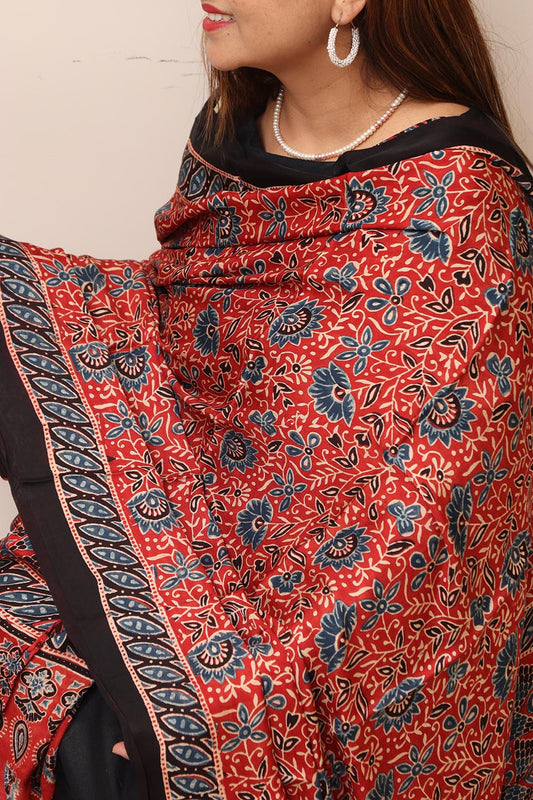 Red Ajrakh Block Printed Modal Silk Dupatta - Luxurion World