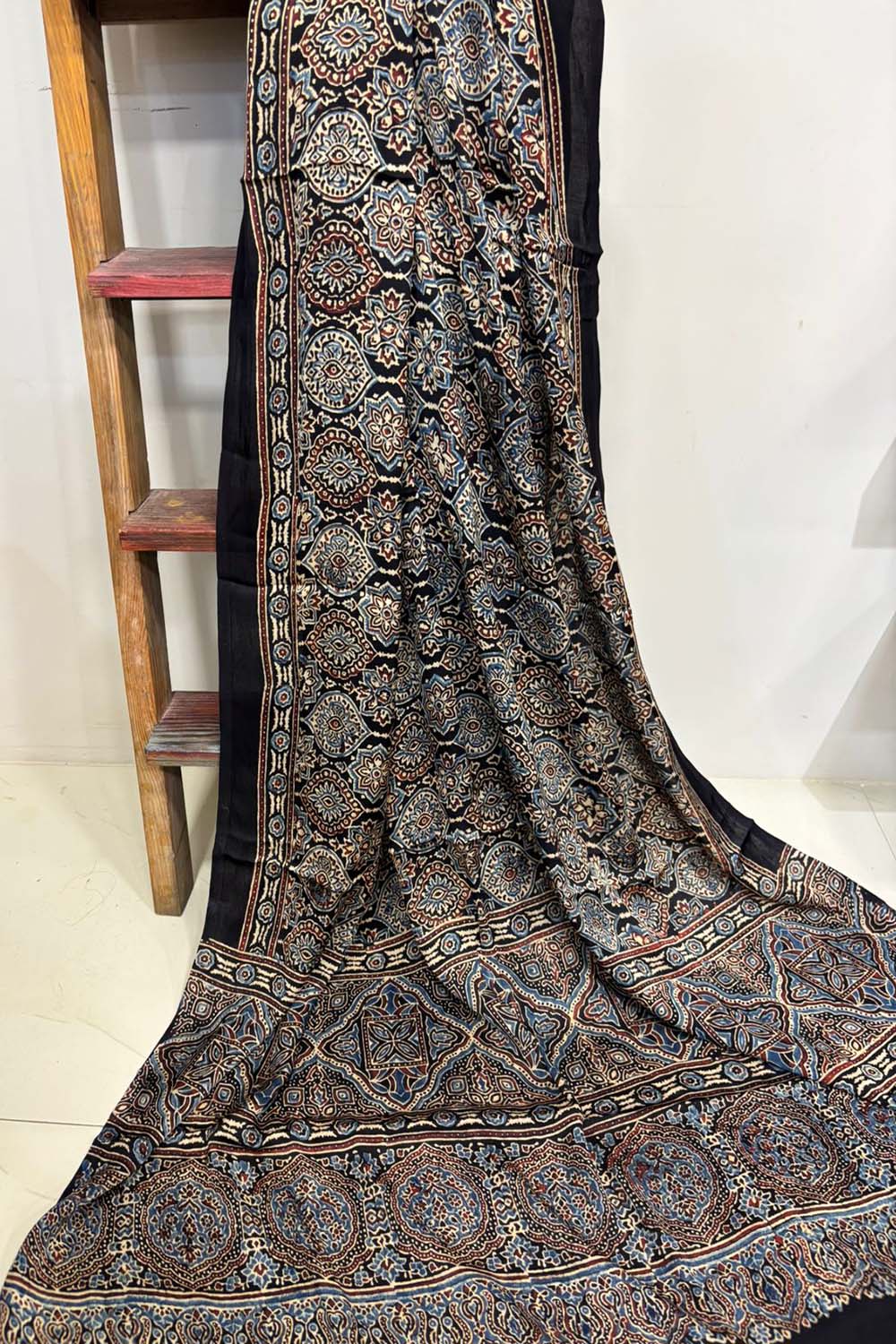 Black Ajrakh Block Printed Modal Silk Dupatta - Luxurion World