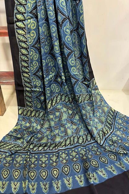 Blue Ajrakh Block Printed Modal Silk Dupatta