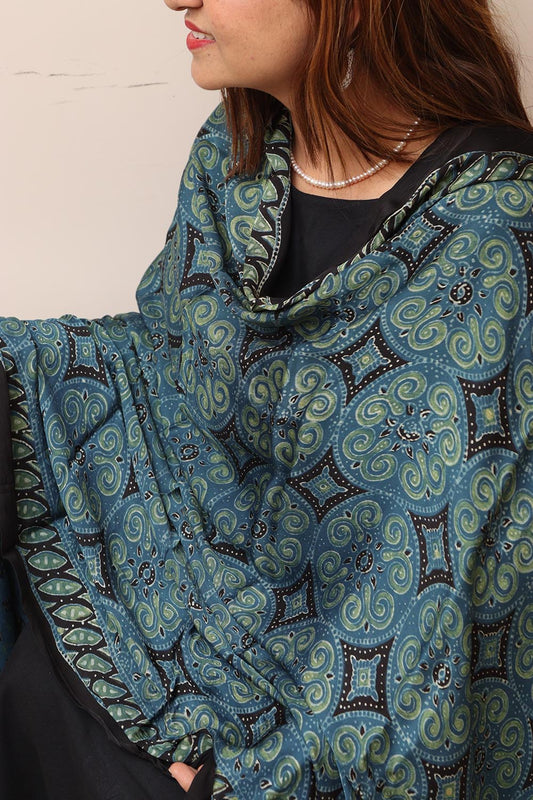 Blue Ajrakh Block Printed Modal Silk Dupatta - Luxurion World