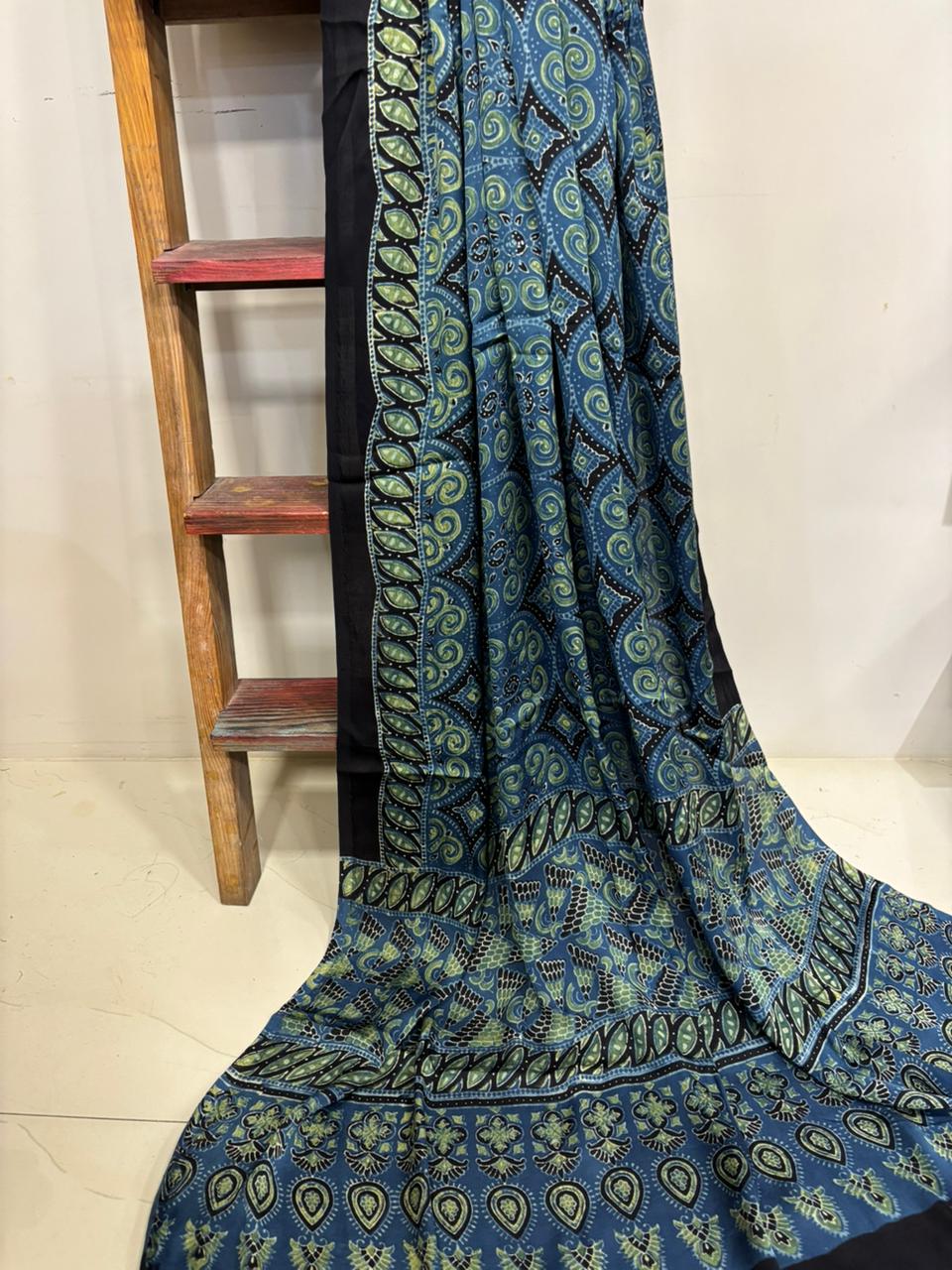Blue Ajrakh Block Printed Modal Silk Dupatta - Luxurion World