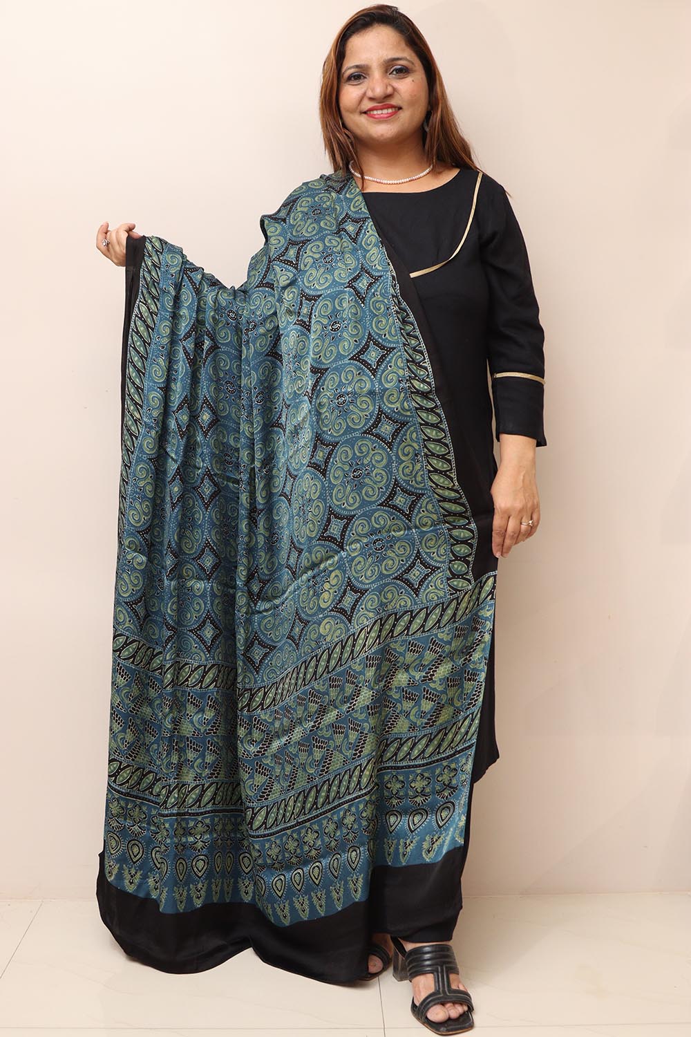 Blue Ajrakh Block Printed Modal Silk Dupatta - Luxurion World