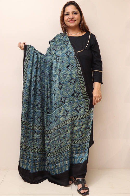 Blue Ajrakh Block Printed Modal Silk Dupatta - Luxurion World