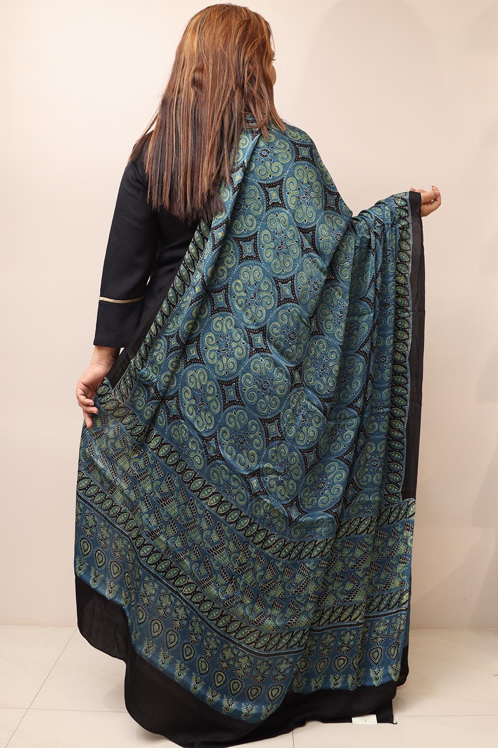 Blue Ajrakh Block Printed Modal Silk Dupatta - Luxurion World