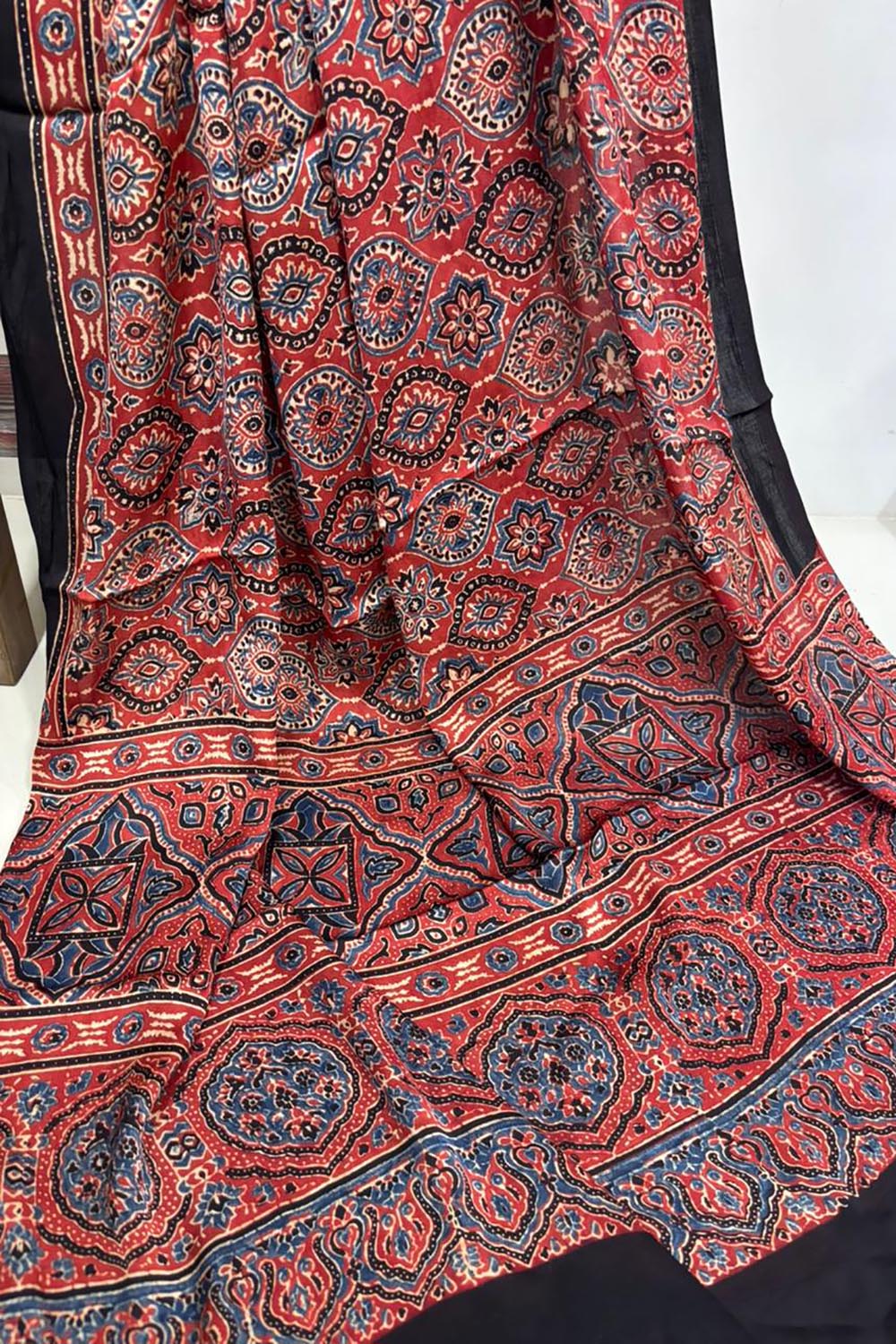 Red Ajrakh Block Printed Modal Silk Dupatta - Luxurion World