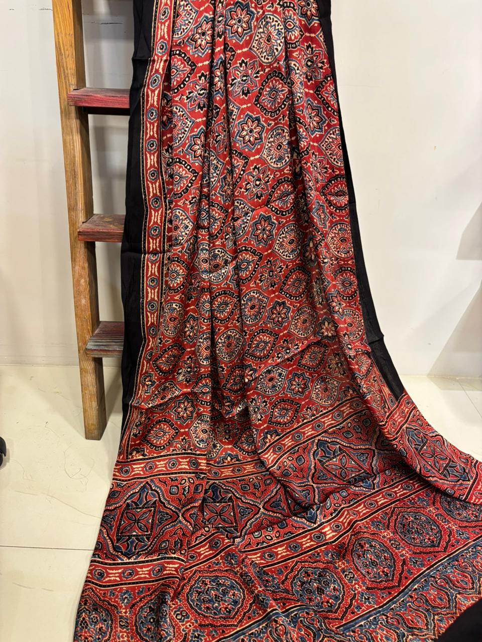 Red Ajrakh Block Printed Modal Silk Dupatta - Luxurion World