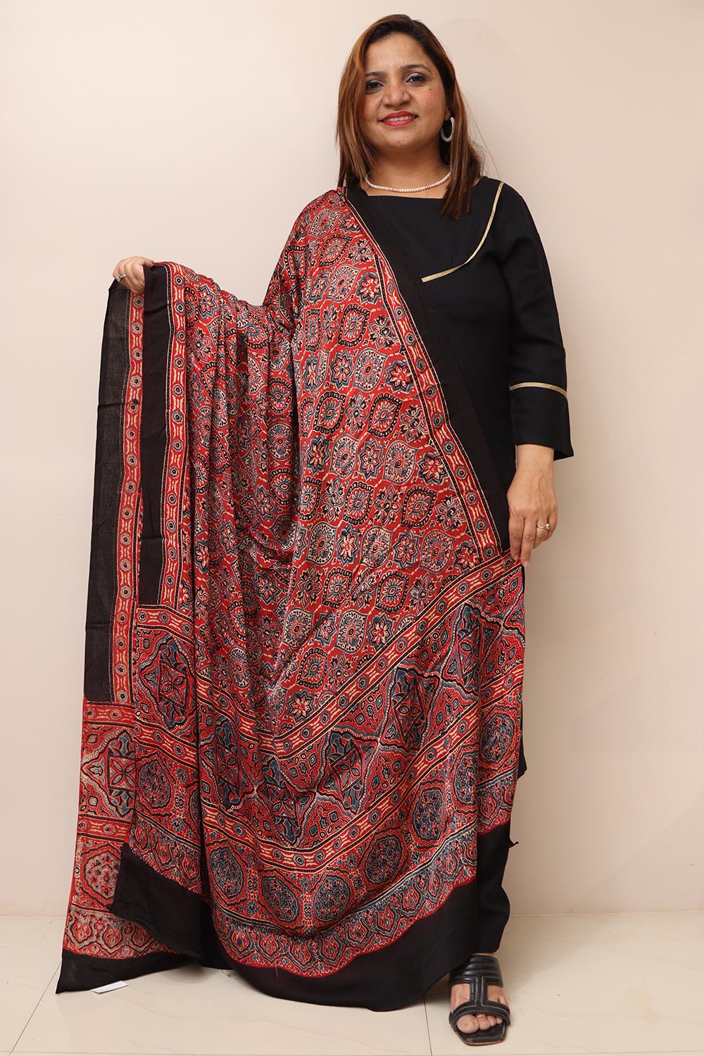 Red Ajrakh Block Printed Modal Silk Dupatta - Luxurion World