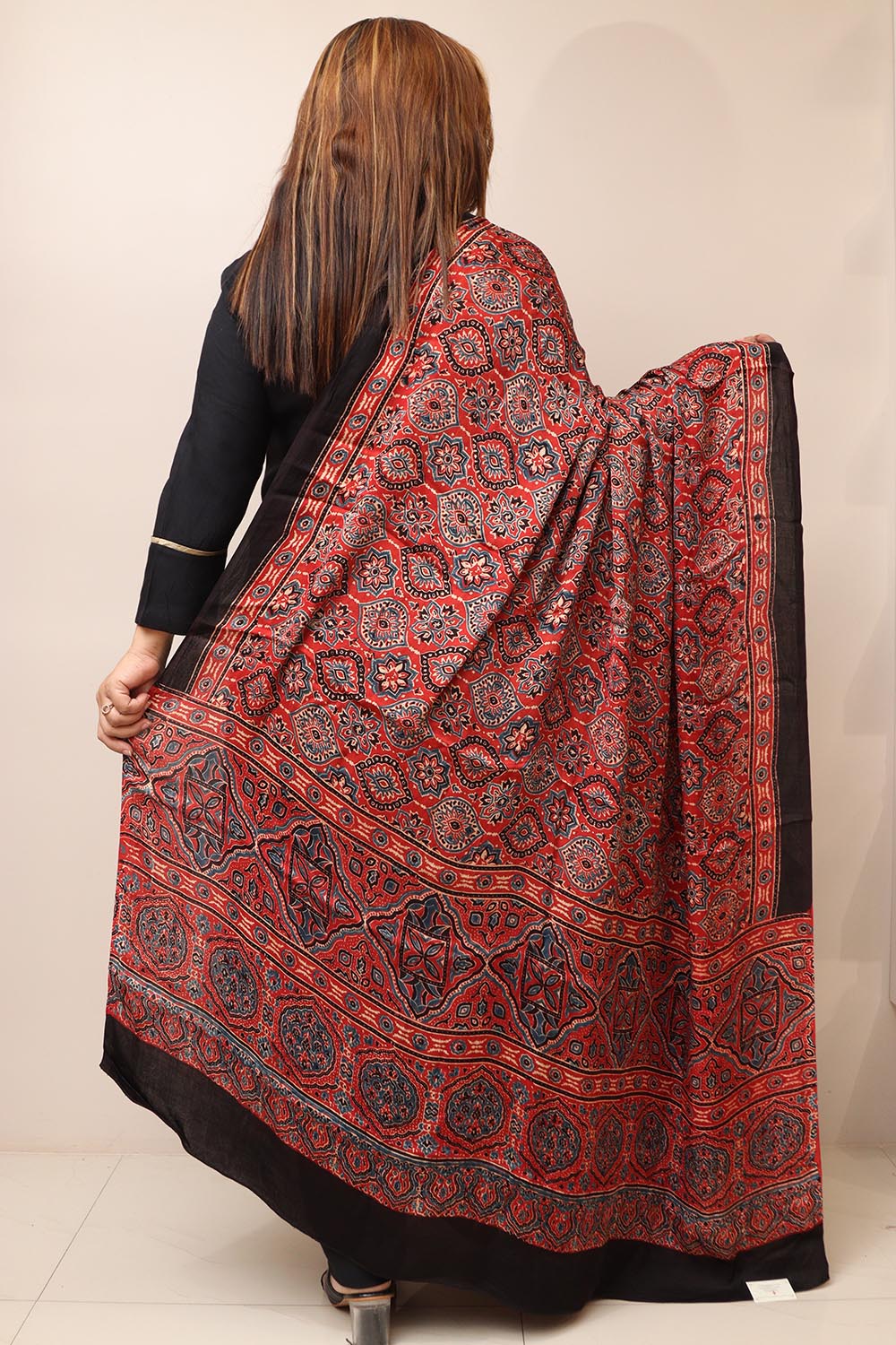 Red Ajrakh Block Printed Modal Silk Dupatta - Luxurion World