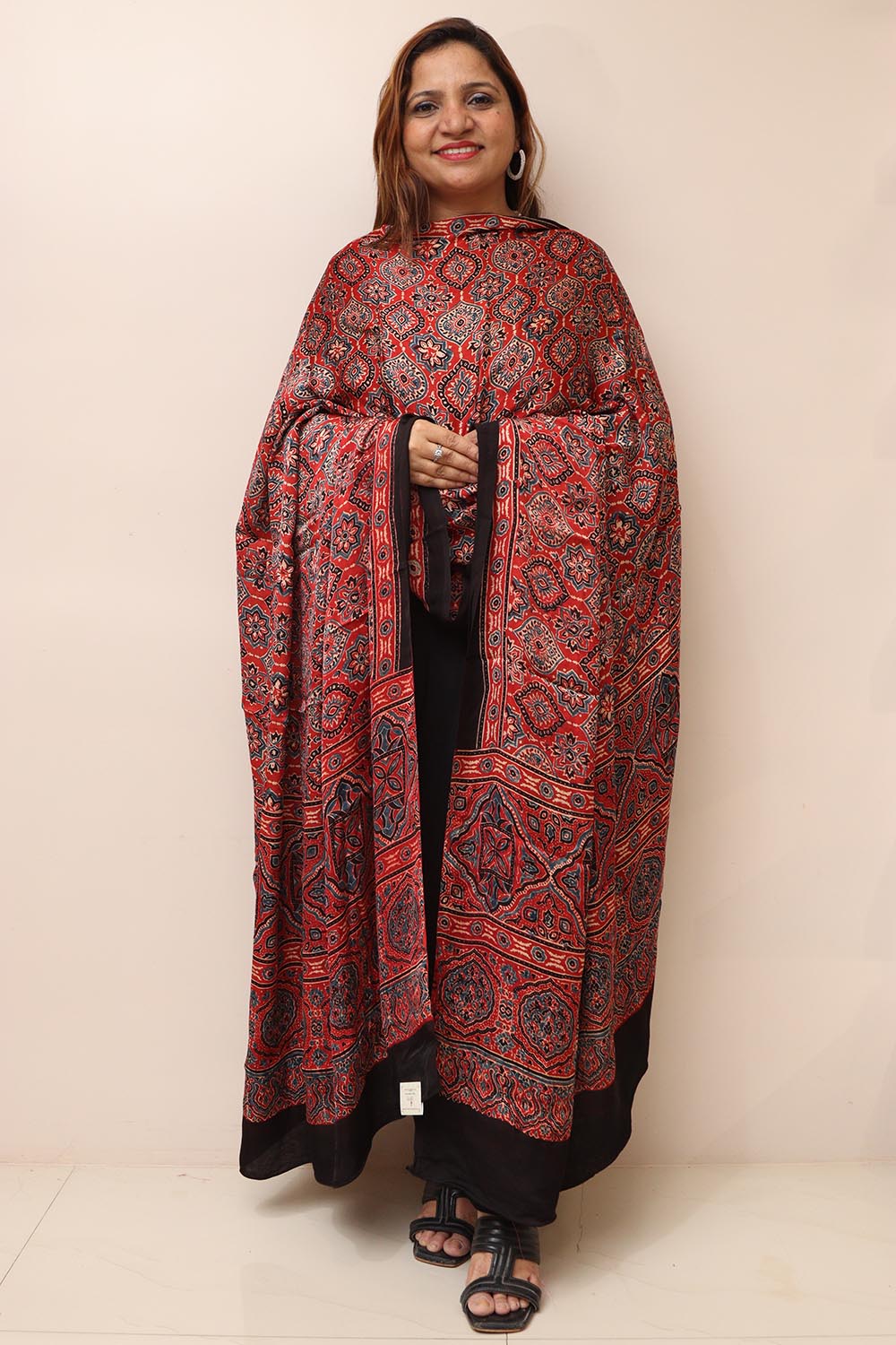 Red Ajrakh Block Printed Modal Silk Dupatta - Luxurion World
