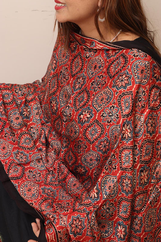 Red Ajrakh Block Printed Modal Silk Dupatta - Luxurion World