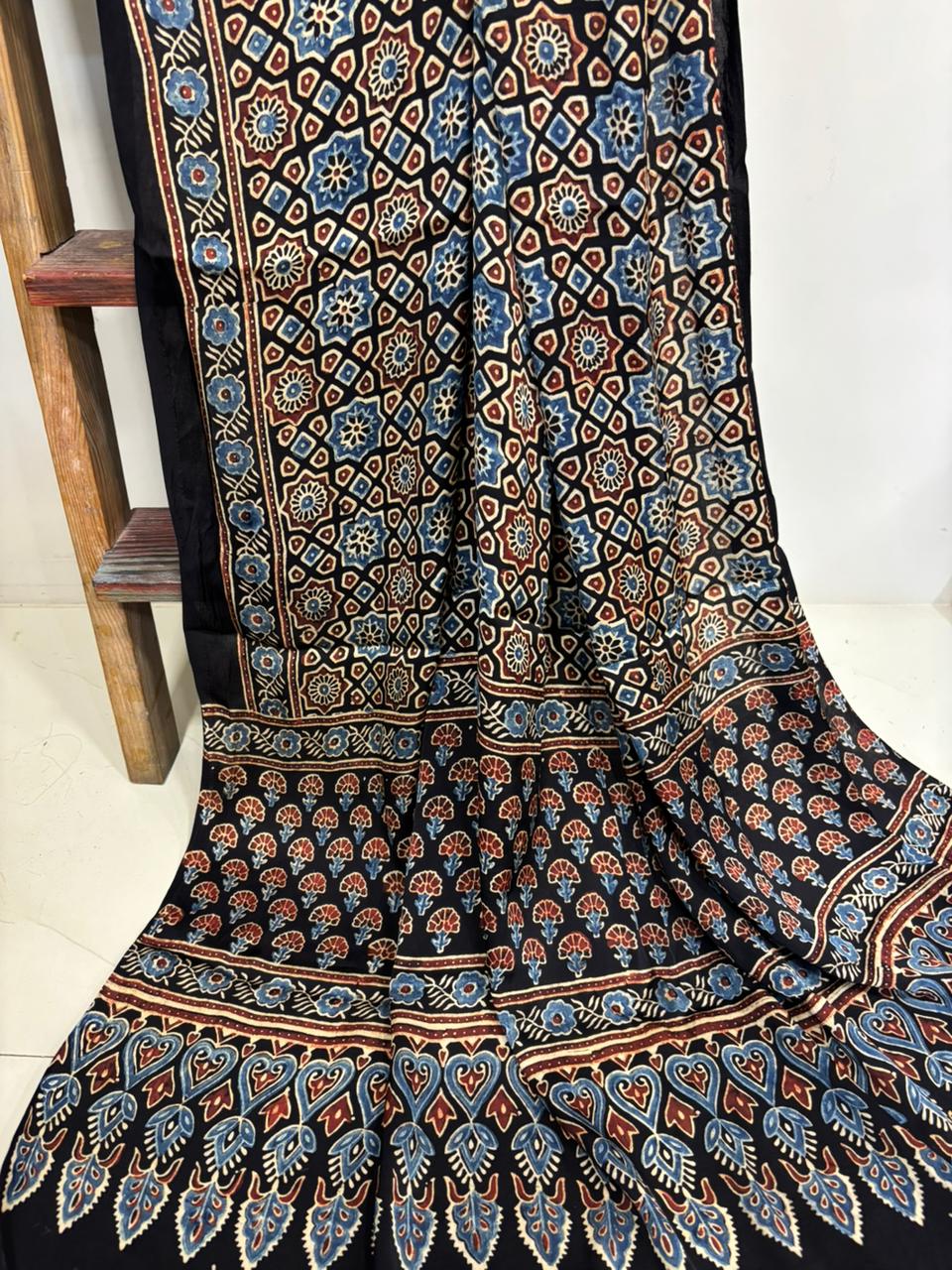 Black Ajrakh Block Printed Modal Silk Dupatta - Luxurion World