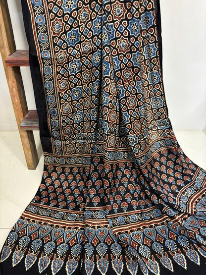 Black Ajrakh Block Printed Modal Silk Dupatta