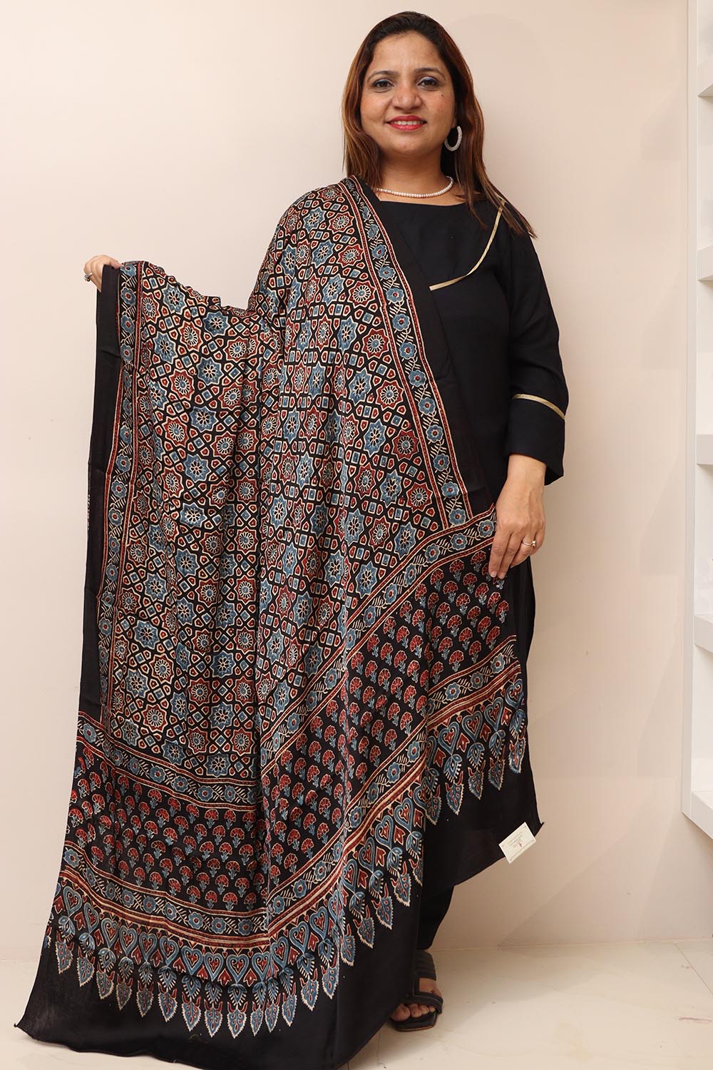 Black Ajrakh Block Printed Modal Silk Dupatta - Luxurion World