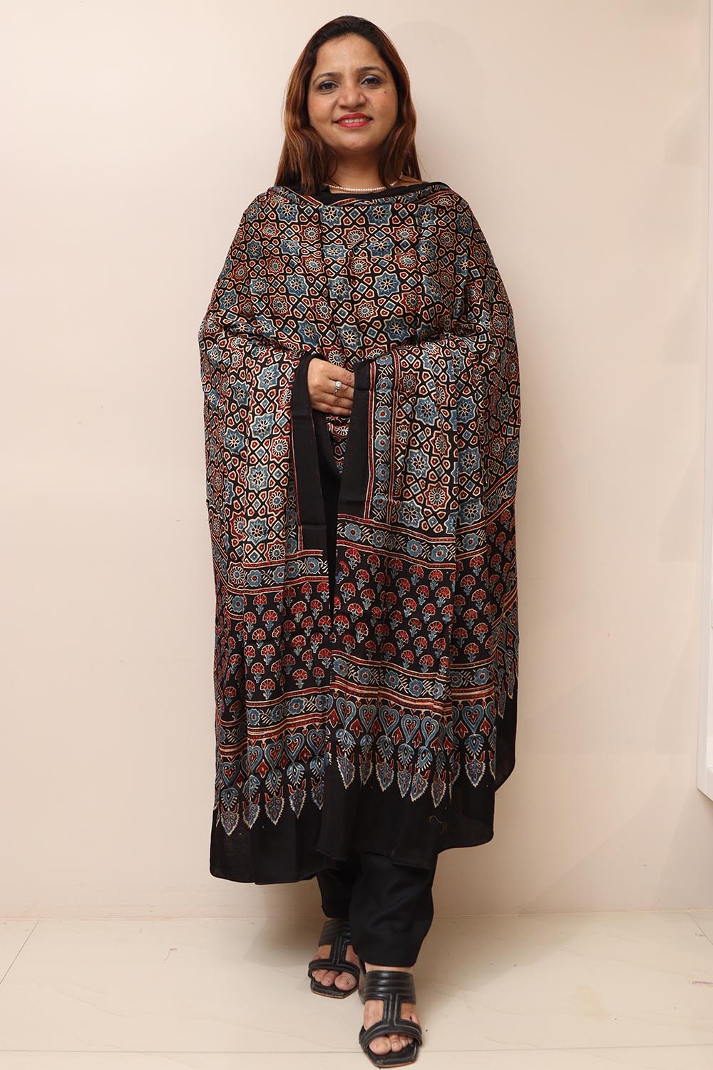 Black Ajrakh Block Printed Modal Silk Dupatta - Luxurion World