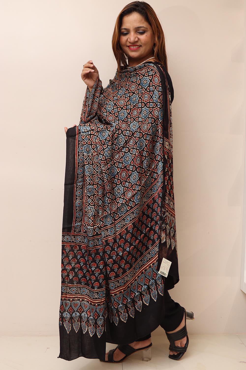 Black Ajrakh Block Printed Modal Silk Dupatta - Luxurion World
