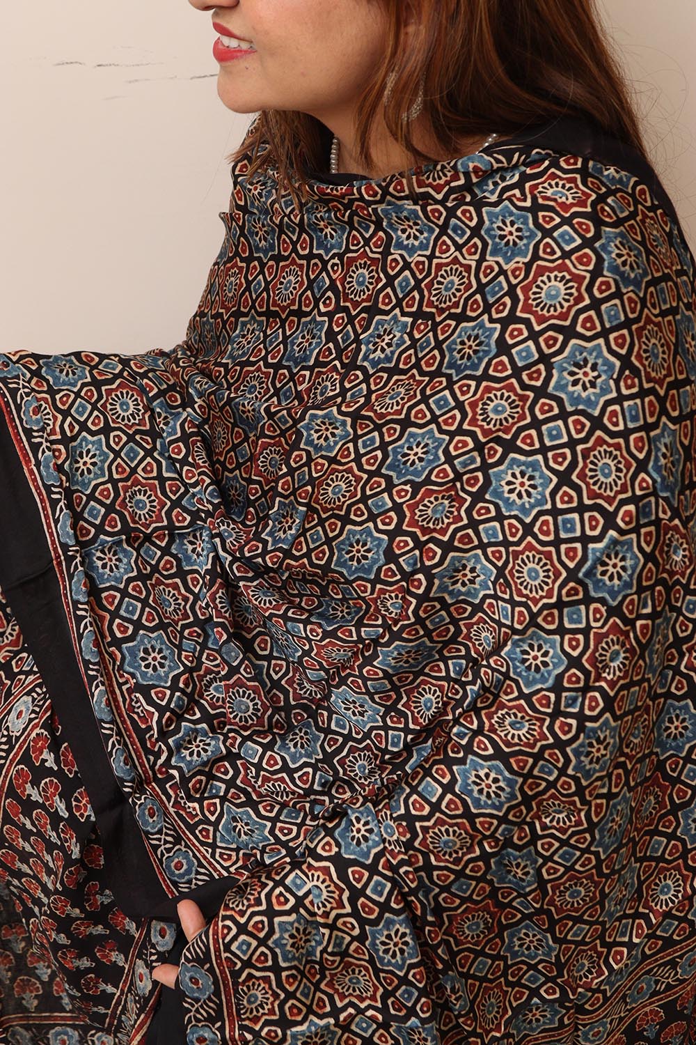 Black Ajrakh Block Printed Modal Silk Dupatta - Luxurion World